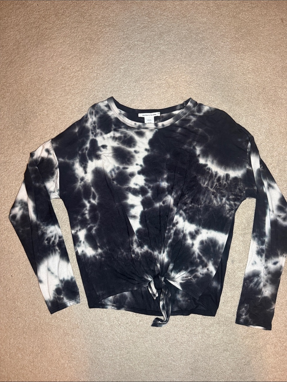 Caution To The Wind Black & White Tie-Dye Knot Front Long Sleeve Top